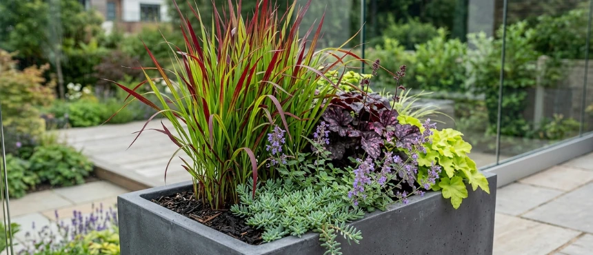 Zdrowe trawy ozdobne w donicy, symbolizujące prawidłową pielęgnację